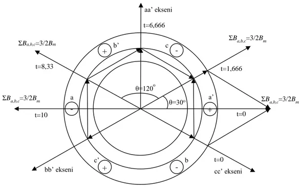 Şekil 2.3’te stator oluklarına yerleştirilen aa’, bb’ ve cc’ bobinlerinde manyetik  alanların oluşumu verilmektedir
