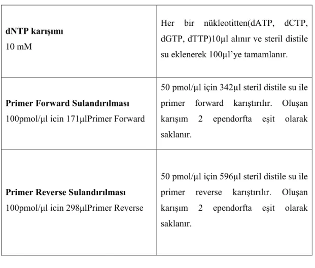 Tablo 3.4: IL-18 PCR’ı için kullanılan çözeltiler 