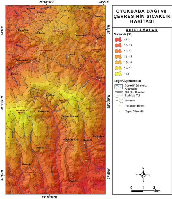 Şekil 8: Oyukbaba Dağı ve Çevresinin Yıllık Ortalama Sıcaklık Dağılışı Haritası 