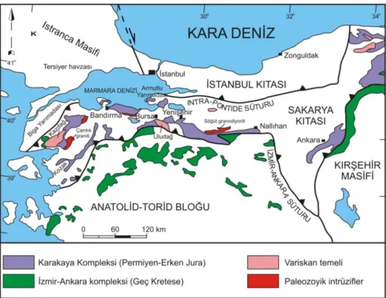 Şekil 4. 4: Karakaya Kompleksi ve ilişkili ünitelerin dağılımını gösteren Batı Anadolu’nun  tektonik haritası (Okay ve Altıner, 2004)
