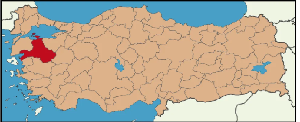 Şekil  3.1’de  Balıkesir’in  Türkiye  Haritasındaki  yeri,  Şekil  3.2’de  ise  Balıkesir  il  merkezi ve ilçeleri görülmektedir