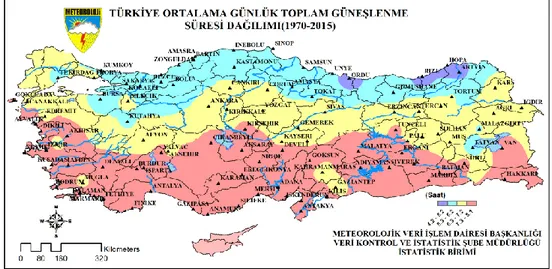 ġekil 3.3: 1970-2015 yılları arası Türkiye ortalama günlük toplam güneşlenme  süresi haritası [62] 