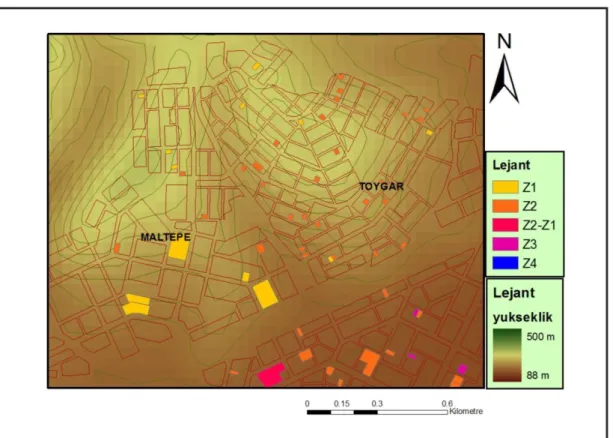 Şekil 6.33 Maltepe ve Toygar Mahalleleri kuzey kesimi yerel zemin sınıf  dağılımları 