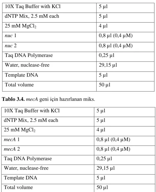 Tablo 3.4. mecA geni için hazırlanan miks. 