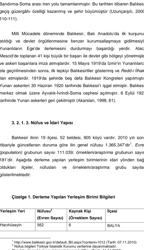 Çizelge 1. Derleme Yapılan Yerleşim Birimi Bilgileri 