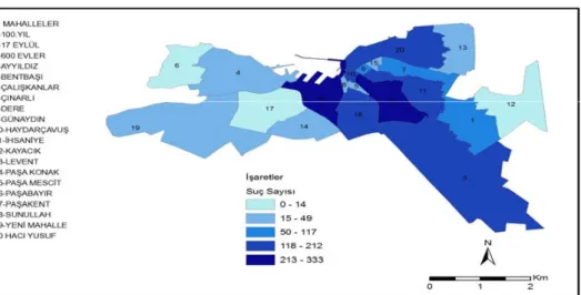 Şekil 3: Bandırma Şehrinde Suçların Mahallelere Göre Dağılışı (2006 - 2008)