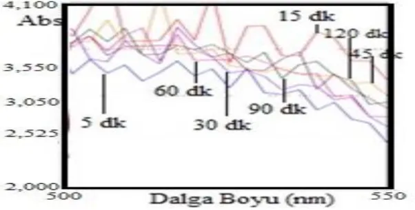 Şekil 3.6: 400 rpm hızında karıştırılan hibiskus içeren çözeltinin dalga boyu taramalarının farklı  sürelerdeki değişimi