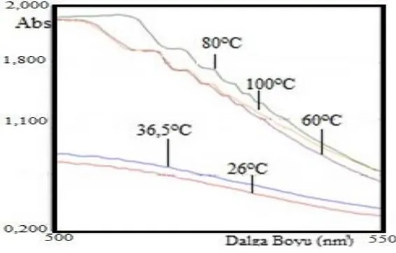 Şekil 3.10: Hibiskus içeren çözeltilerin farklı sıcaklıklardaki dalga boyu taramaları.