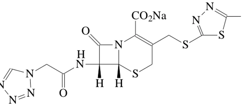 ġekil 1.8 Sefazolin sodyum bileĢiğinin molekül Ģekli ((6R,7R)-3-(5-metil- ((6R,7R)-3-(5-metil-1,3,4-tiyadizol-2-sülfanilmetil)-8-okso-7-[2-(1H-tetrazol-1-il) 