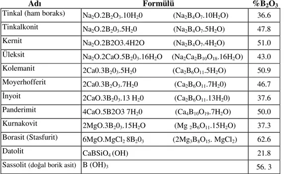 Tablo 1.1 Önemli Bor Mineralleri  