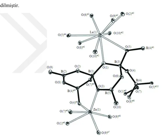 Şekil 1.18: Atomik numaralandırma şemasını gösteren % 35 olasılık elipsoit ile  LaZnB 5 O 10 ' un ORTEP çizimi [48]