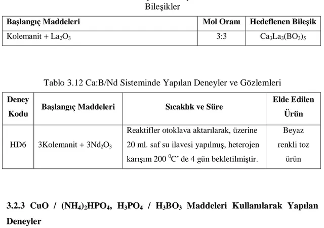 Tablo 3.11 Ca:B/Nd Sisteminde Yapılan Deneyler, Mol Oranları ve Hedeflenen  Bile şikler 