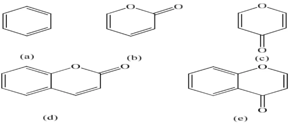 Şekil 1.1: (a) Benzen, (b) α-Piron, (c) γ-Piron, (d) Kumarin ve (e)  Kromon bileşiklerinin yapısı