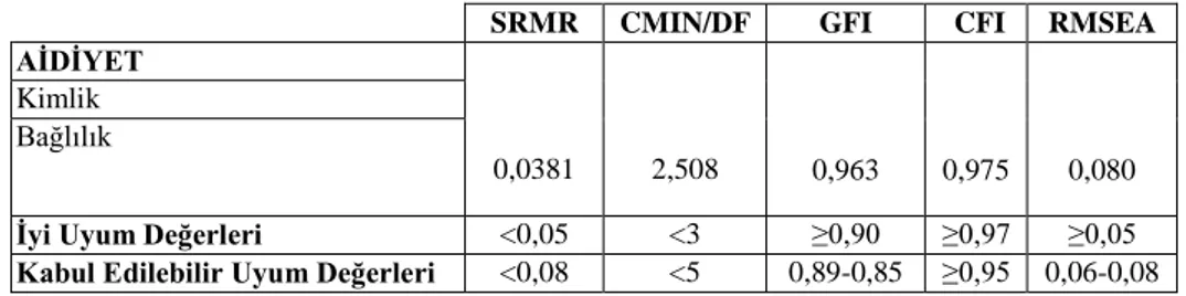 Tablo 7. Aidiyet Değişkeni DFA Model Uyum Değerleri 