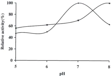 Fig. 1. Effect of pH on the enzyme activity of ( n ) bentonite-supported catalase and ( u ) free catalase