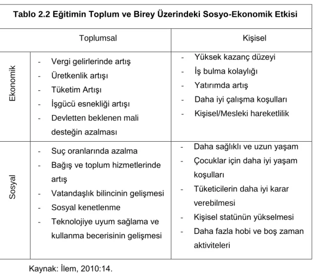 Tablo 2.2 Eğitimin Toplum ve Birey Üzerindeki Sosyo-Ekonomik Etkisi 