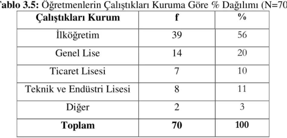 Tablo  3.4  ’te  görüldüğü  gibi,  okullarda  bilgisayar  dersine  giren  öğretmenlerin, % 71 ’i Eğitim Fakültesi mezunu, % 26 ’sı Teknik Eğitim Fakültesi  mezunu ve % 3 ’ü ise diğer bölüm mezunlarıdır