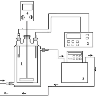 Şekil 2.1: Deneysel sistem; 1. Reaktör, 2. pH metre, 3. Termostat, 4. Mekanik  Karıştırıcı 