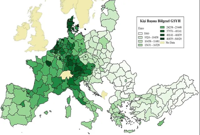 Şekil 2.1. AB Ülkeleri ve Türkiye’de Kişi Başına Bölgesel GSYH (2015): Düzey-2  Bölgeler 