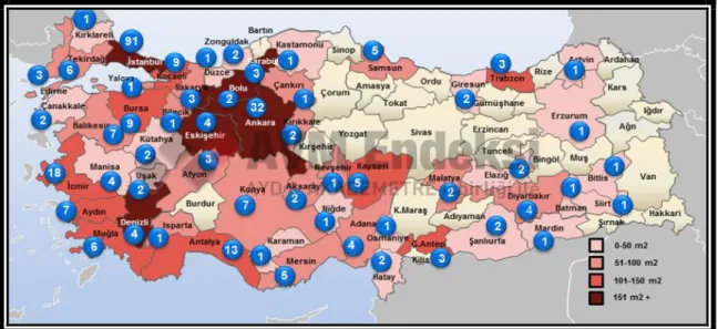 Şekil  2.  Türkiye  Şehirler  GLA  Yoğunluk  ve  Alışveriş  Merkezi  Sayıları Haritası