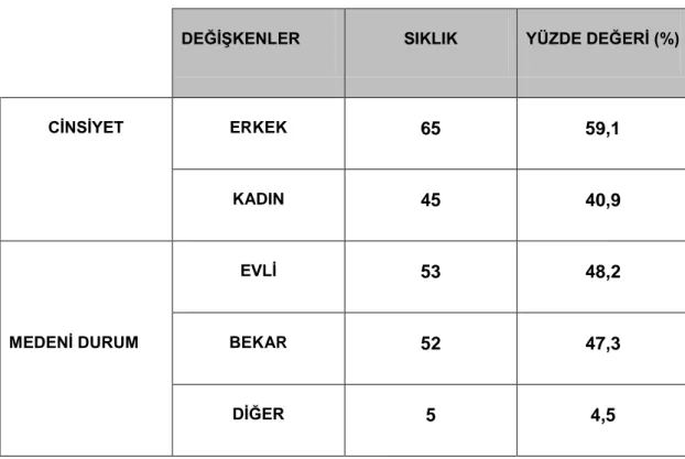 Tablo  3:  Anket  katılımcılarının  Cinsiyet,  Medeni  Durum,  YaĢ,  Eğitim Durumu ve Aylık Geliri 