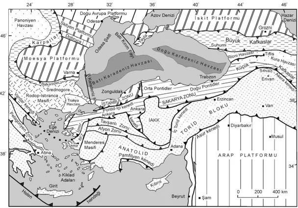Şekil 1.3: Türkiye'nin tektonik birlikleri ve ana tektonik hatları haritası (Okay ve Tüysüz, 1999)