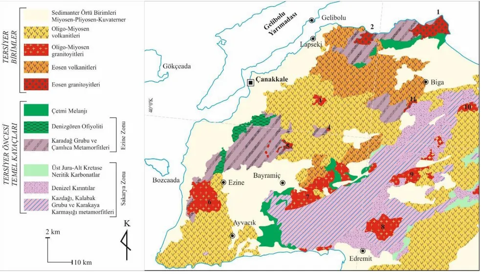 Şekil 1.5: KB Anadolu (Biga Yarımadası)’daki kayaçların dağlımlarını gösteren jeolojik harita (MTA Genel Müdürlüğü, 2016 1/1.000.000 ölçekli jeoloji haritası)  (Aydın vd., 2019)