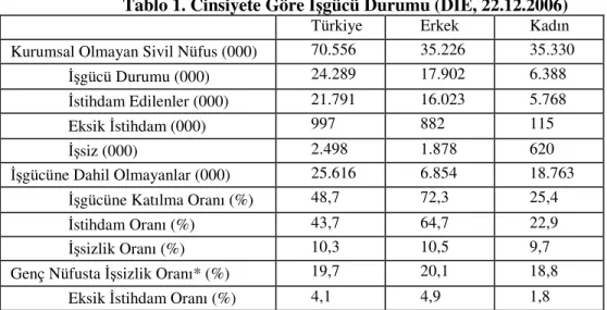 Tablo 1. Cinsiyete Göre İşgücü Durumu (DİE, 22.12.2006) 