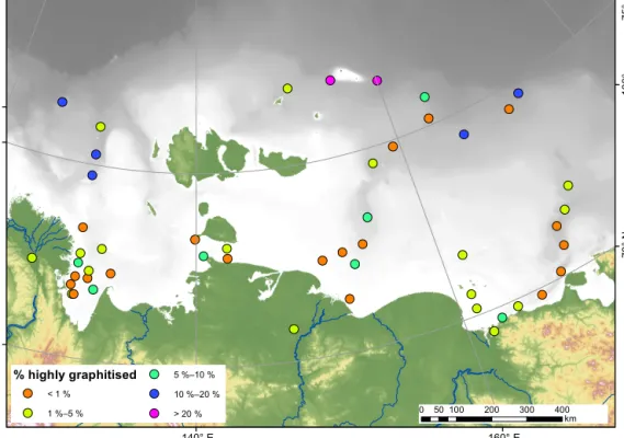 Figure 6. The distribution of highly graphitised CM across the ESAS. An interpolated map is included as Supplement Fig