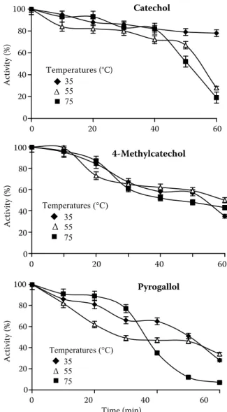 Figure 3. Change in lemon balm PPO activity as a function  of temperature and time