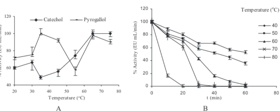 FIG. 3. THE EFFECT OF TEMPERATURE ON THE PURIFIED PYRUS ELAEGRIFOLIA POLYPHENOLOXIDASE ACTIVITY