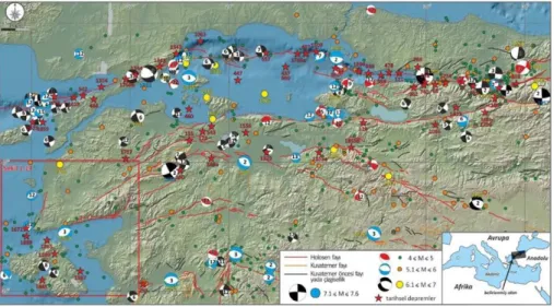 Şekil 3.4: Balıkesir ve yakın civarını içine alan bölgede 1900-2015 yılları  arası 4 ≤ M büyüklüğüne depremler ve odak çözümlemesi (Sözbilir vd