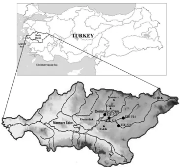 Fig.  1.  Gediz  Basin  and  Demirkopru  Dam  ( :  flow  gauging  sta- sta-tions;  : meteorological stations)