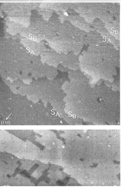 Fig.  4.  S T M   image of  (a)  0.8  M L   and  (b)  3.5  M L   Sio.36Geo.64  grown  on  Si(001)  at  ~  =  470°C