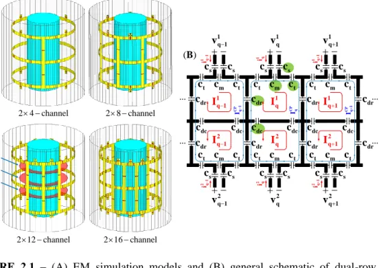 FIGURE  2.1  –  (A)  EM  simulation  models  and  (B)  general  schematic  of  dual-row  degenerate birdcage TxArray coils