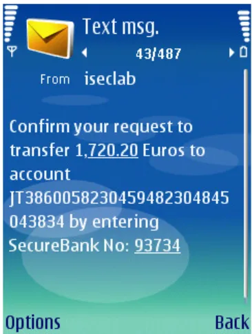 Figure 4.8: SMS including a one-time code to authenticate an online banking transaction