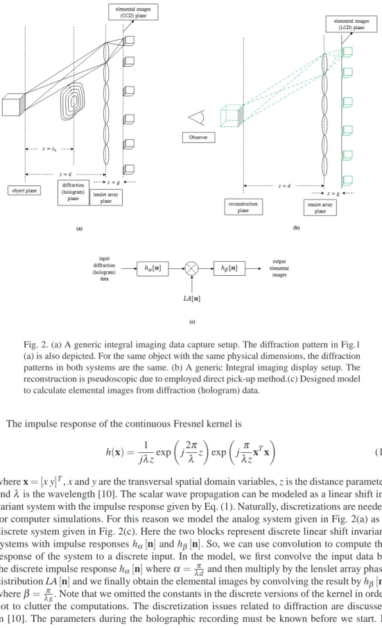 Fig. 2. (a) A generic integral imaging data capture setup. The diffraction pattern in Fig.1 (a) is also depicted