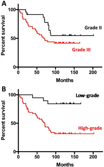 Figure 1 shows the Kaplan–Meier survival curves accord- accord-ing to WHO 2007 (Fig. 1a) and WHO 2016 (Fig. 1b).
