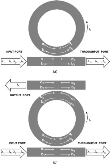 Figure 4. Schematic representation of single-bus (a) and double-bus (b) ring resonators and the relevant propagating field amplitudes.