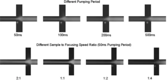 Figure 6.  Flow focusing for different pumping period and different sample to focusing speed ratio.