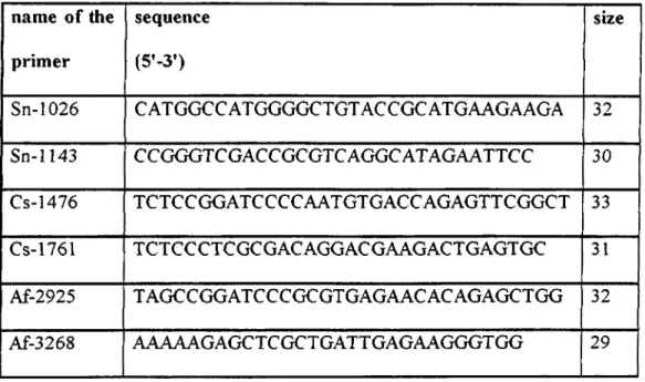 Table 2.1:  List of the synthetic oligonucleotide primer sets  used  in  this study name  o f the  primer sequence(5’-3’) size Sn-1026 CATGGCCATGGGGCTGTACCGCATGAAGAAGA 32 Sn-1143 CCGGGTCGACCGCGTCAGGCATAGAATTCC 30 Cs-1476 TCTCCGGATCCCCAATGTGACCAGAGTTCGGCT 3