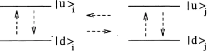 Figure 1. Two atoms in a Dicke cluster. Arrows indicate the exchange of photons.