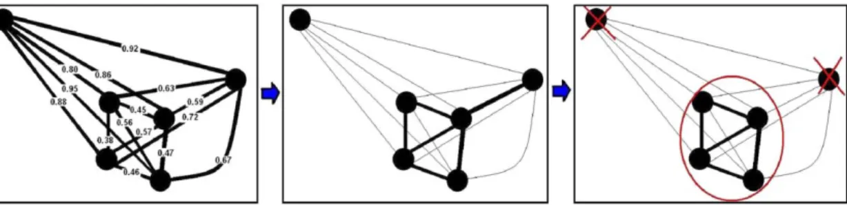 Fig. 9. The links remained after thresholding and the densest component found for a subset of faces associated with Ariel Sharon.