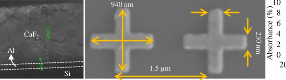 Fig. 1. (a) Cross-section SEM image of CaF 2  film on Al. (a) SEM image of Ag antennas
