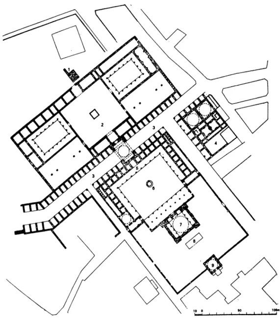 Figure  6 An  example of arasta  market  as  part of a  complex  (Cezar,  1983:  139) Aksulu  (1981;  13)  points  out  that  arastas  emerged  in  the  &#34;cities  which  were  specialized  to  contribute  with  specific  goods  to  the  state  wide  eco