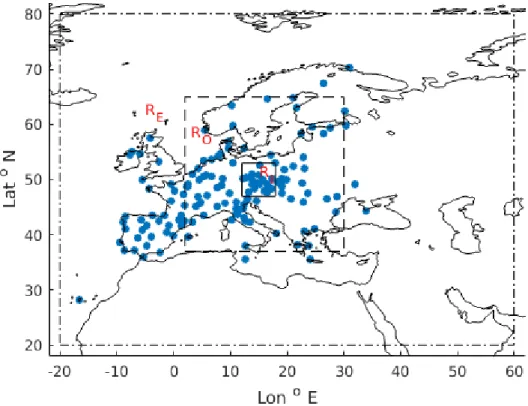 Figure 3.1: GPS stations over Europe (filled circles),R E is the region bounded by dash dot box , R I is the region bounded by the solid box, and R O is the region between the dashed box and the solid box.
