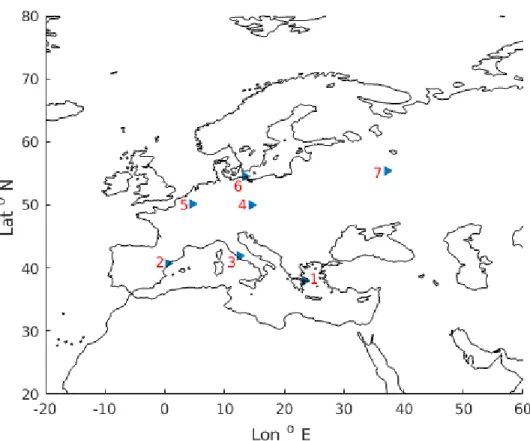 Figure 3.2: Ionosonde stations over Europe indicated by right triangles, station numbers correspond to stations given in Table 3.3.