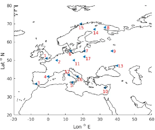 Figure 3.3: GPS stations over Europe (indicated by left triangles) where D iz for foF2 is available, station numbers correspond to station numbers given in Table 3.4.