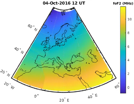 Figure 3.7: foF2 map generated by IONOLAB-MAP, using Universal Kriging over D iz in region R I E , for October 04, 2016 at 12 UT.