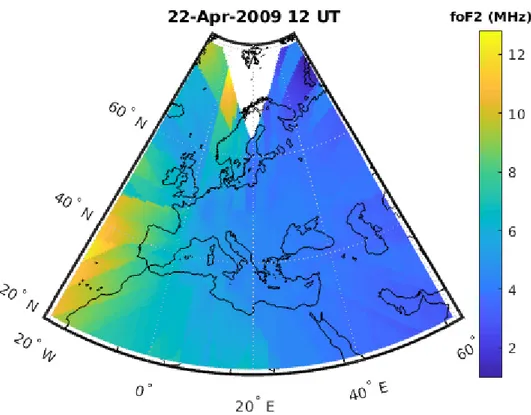 Figure 3.8: foF2 map generated by IONOLAB-MAP, using Universal Kriging over D iri in region R I E , for April 22, 2009 at 12 UT.